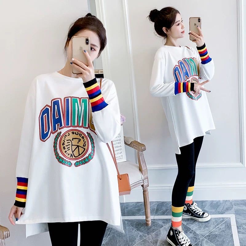 Pregnant women spring hoodie T shirt early autumn in the long thin cotton shirt covering the belly out fashion trend
