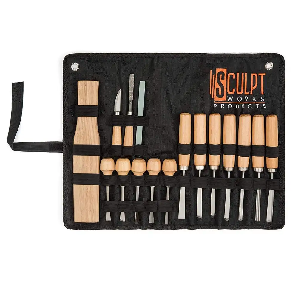 Wood Carving Knife Tool Set 17 Pcs with Working Apron & Whittling Knife Beginner Woodwork Tools with Canvas roll-up