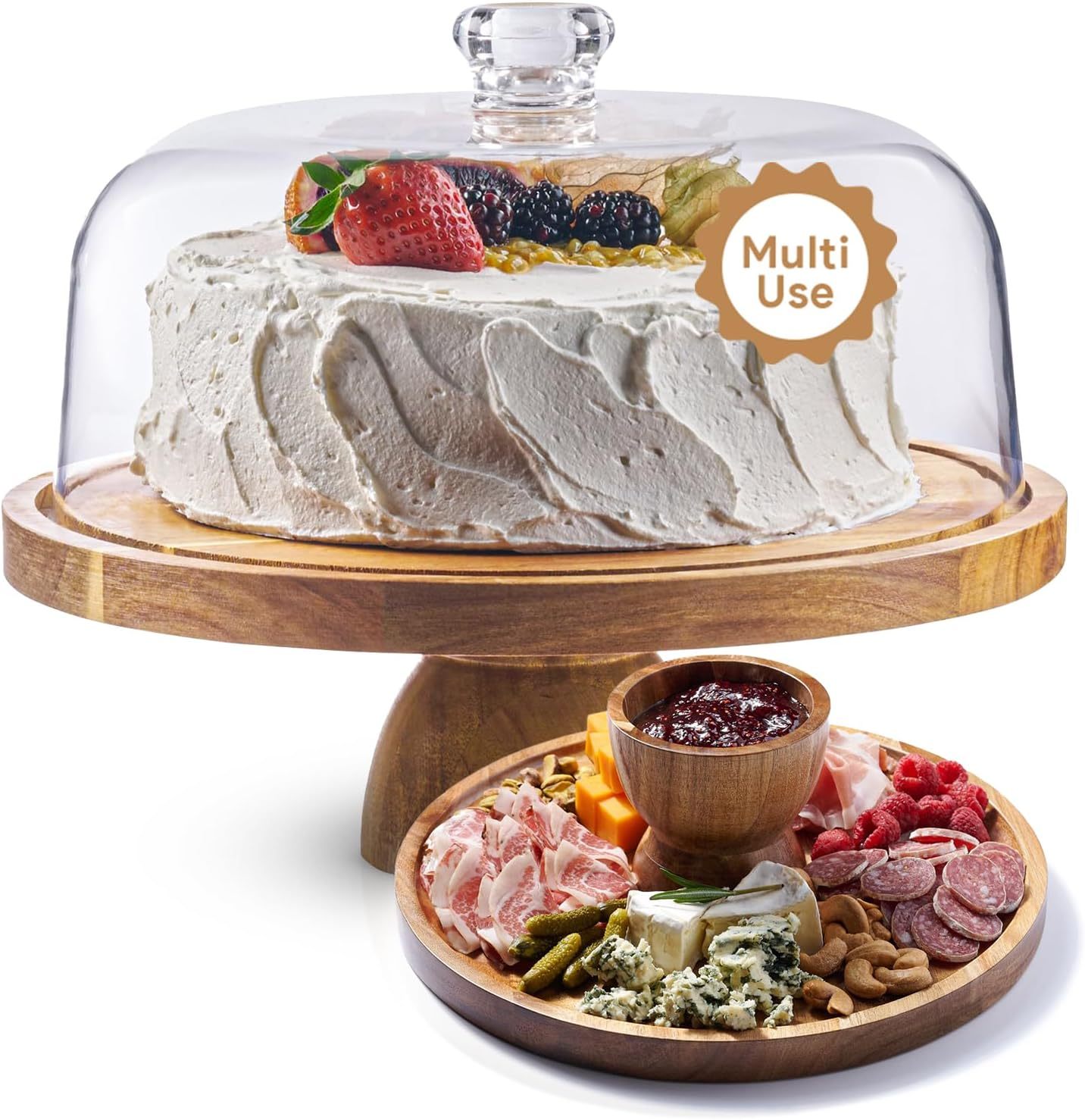 Acacia Wood Cake Stand with Lid 12in Round Cake Holder, 2-in-1 Dessert Table Display Set Large Acrylic Cake Dome Cover board