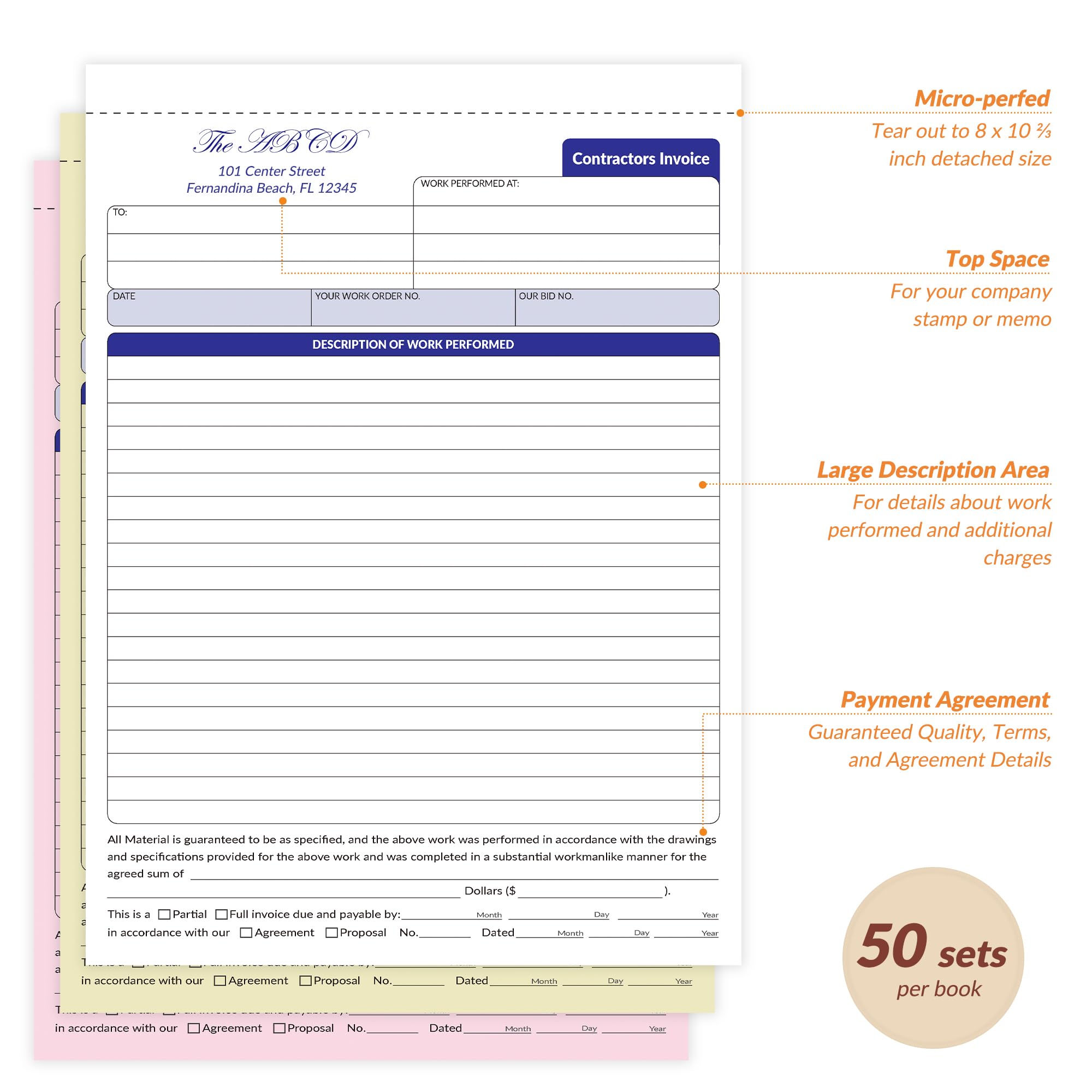 3Part Carbonless Work Order Estimate Forms Contractor Invoice Book 8X11inch Invoice Receipt Book NCR Carbonless Sales Order Book