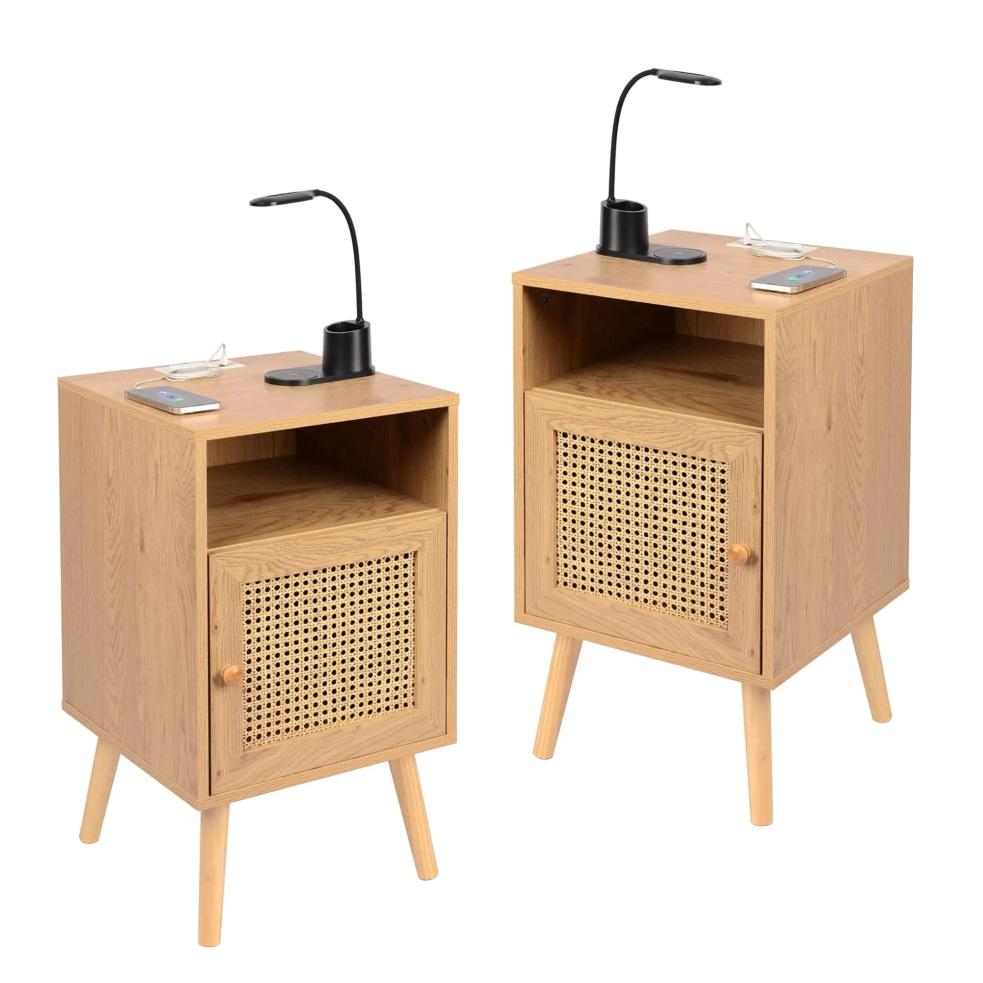Rattan Nightstand with charging station Wooden Bedside Table End Table for Living Room and Bedroom
