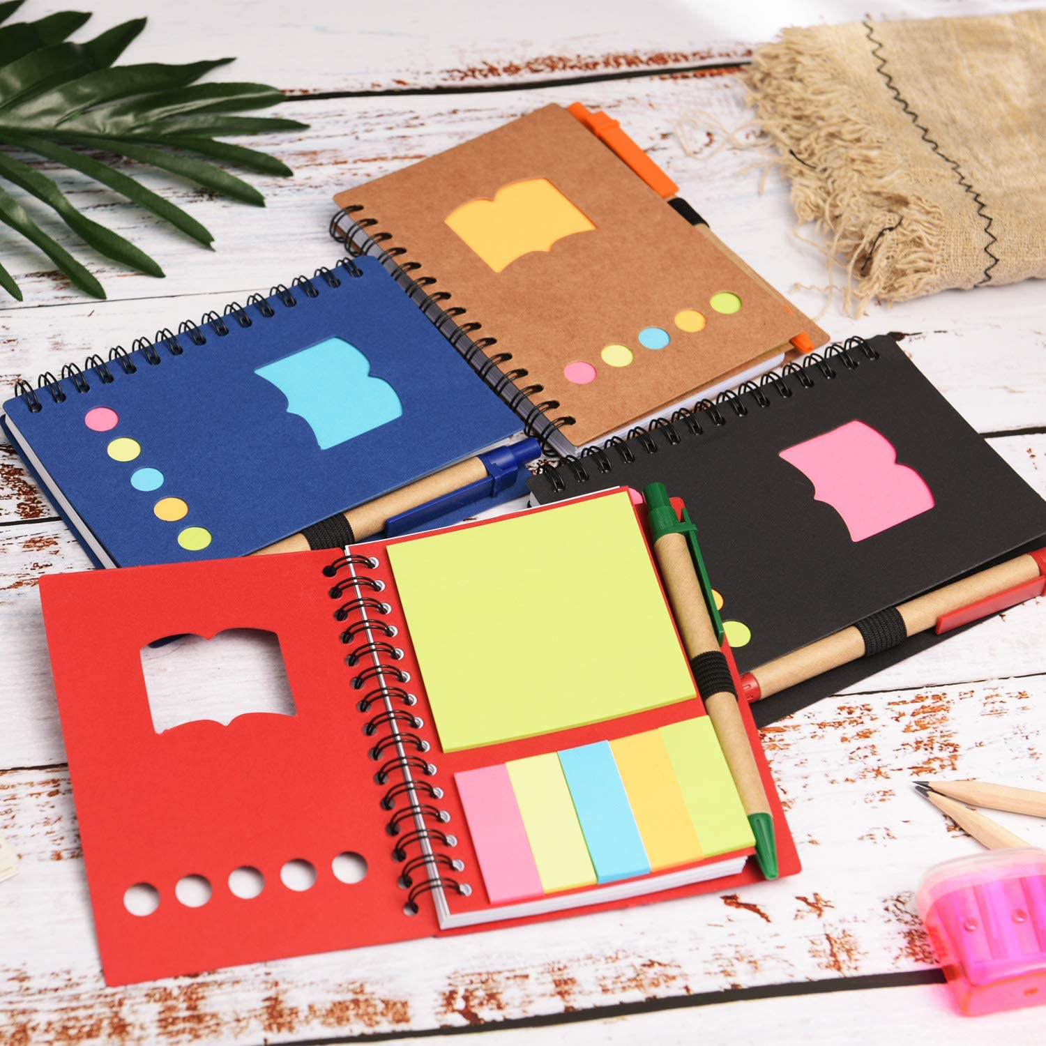 4 Packs Spiral Notebook Lined Notepad with Pen in Holder and Sticky Notes, Page Marker Colored Index Tabs Flags