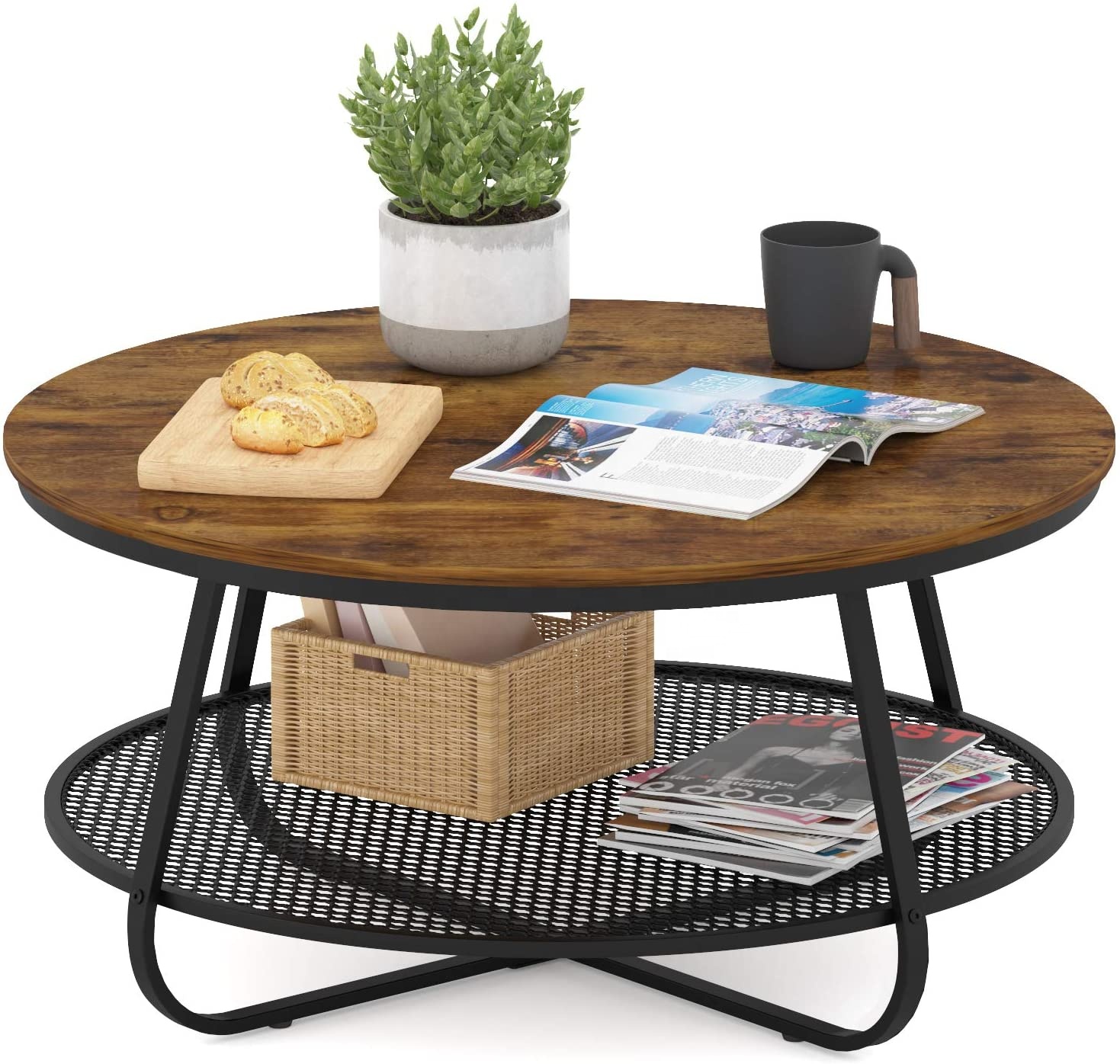 High Quanlity Rustic Coffee Table Luxury Style Mordern Wholesale 2 Layers Detachable Round Wooden Metal Easy Assembly