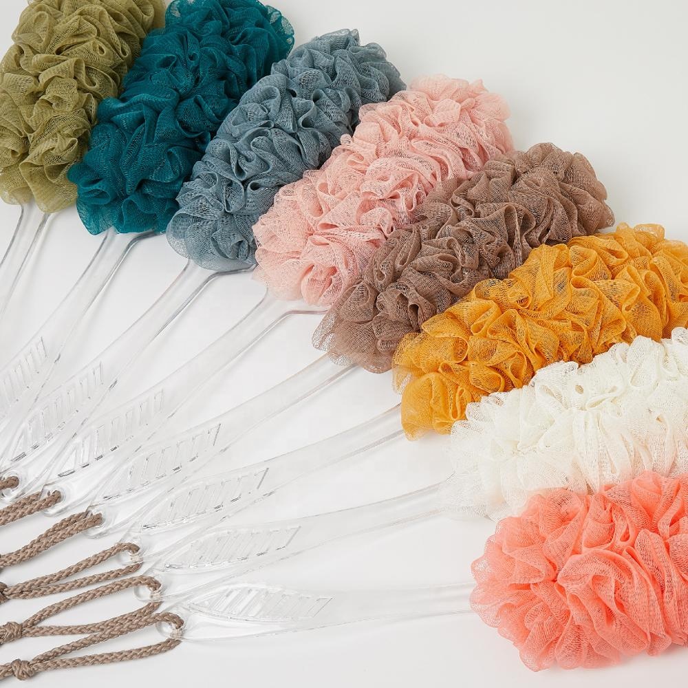 Лидер продаж на Amazon, губка для ванны Loofahs, скребок для душа, сетчатый пуф, губка для ванны с длинной ручкой