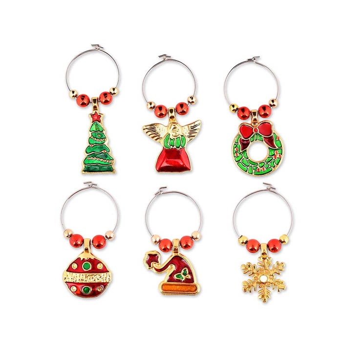 Wholesale Set of 6 Christmas Charms Glass Wine Charms in China for Bar Wine Accessories and Kitchenware