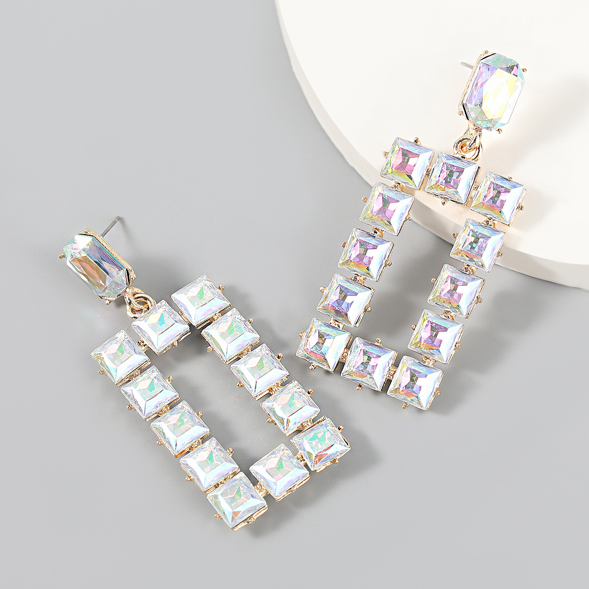 Fashion trend alloy glass diamond square pendant women's party super flash earrings