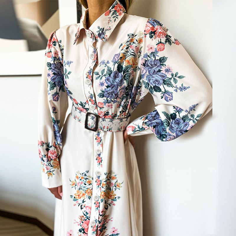 Pretty White Flower Print Waist Dress Maxi Elegant Women Dresses Women Lady Elegant Women Maxi Dress