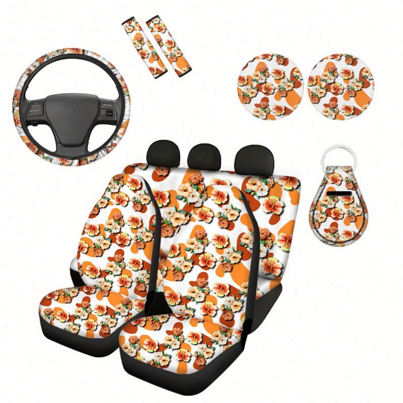 Pink Cow with Hibiscus Flower Pattern Seat Cover Universal Full Set Steering Wheel Cover+ Seat Belt Cover+ Cup Holder Coasters
