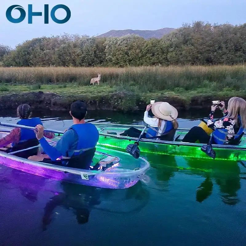 OHO Wholesale Clear Bottom Transparent Crystal Kayak With LED Light Plastic Fishing Canoe 2 Person on Ocean Lakes for Sale