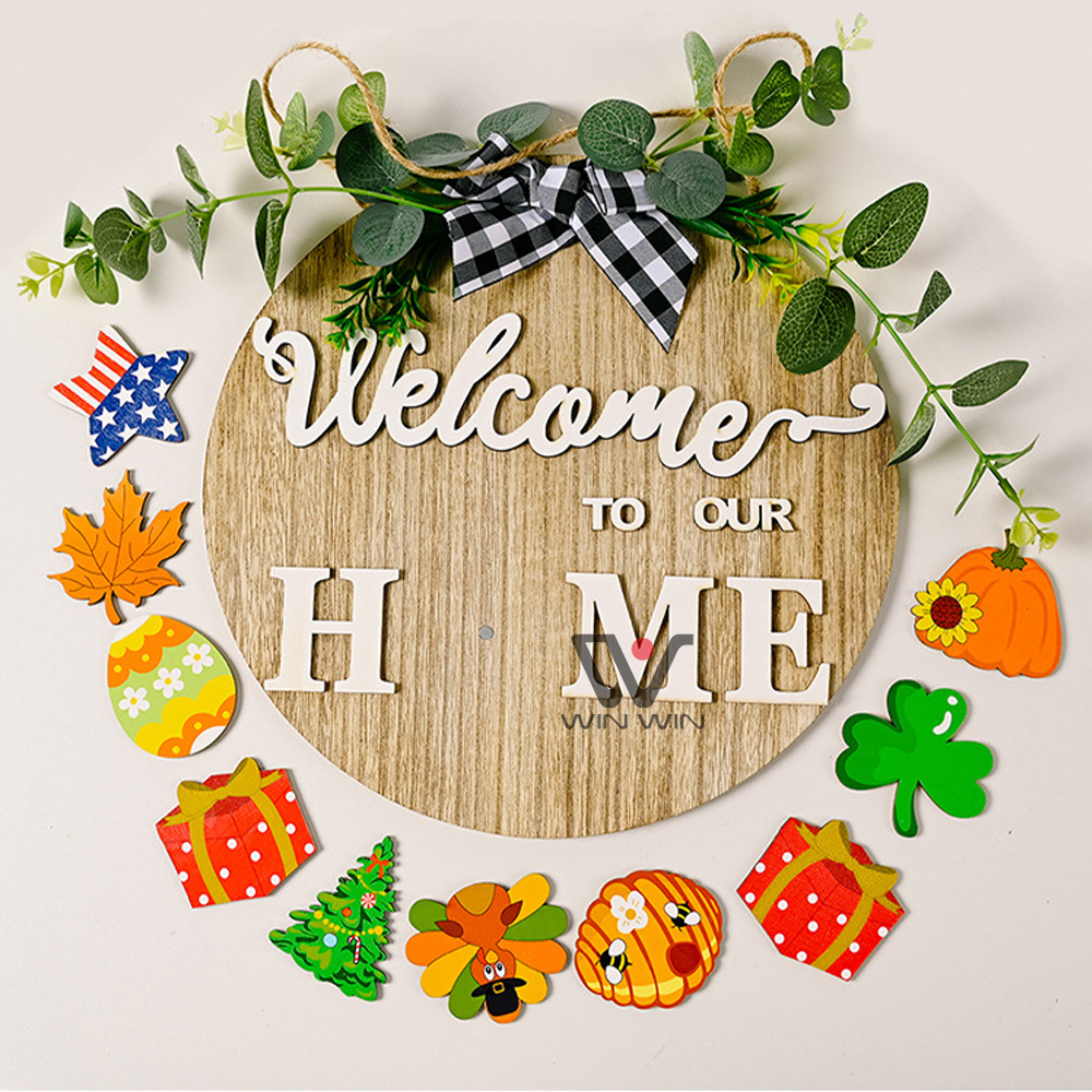 Country Style Front Door Round Wooden Hanging Door Garland Hook Doorplate Home Decoration Hello Sign 12 inch
