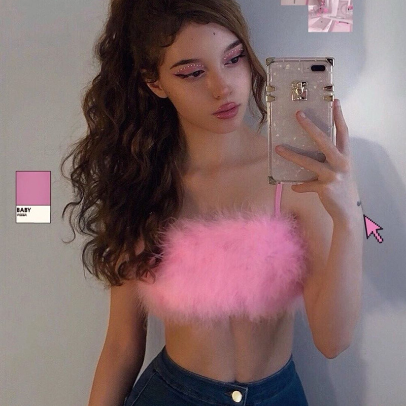 women crop top fur camis stripe cute streetwear party festival clothes 2020 autumn winter clubwear