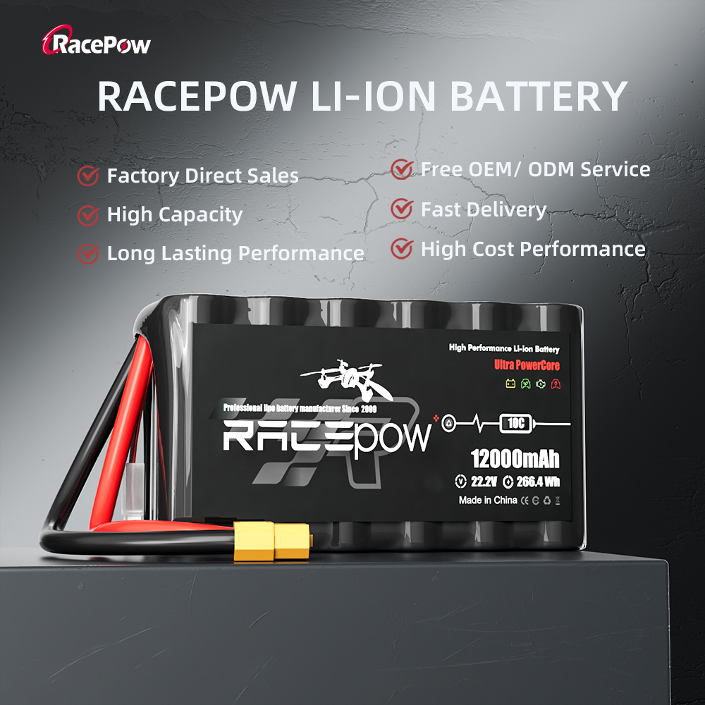 Racepow Free OEM DIY Hig Capacity Li-ion Battery 8000mAh10000mAh 22000mAh 22.2V 10C With Xt60/xt90/JST Connector for Fpv Drone