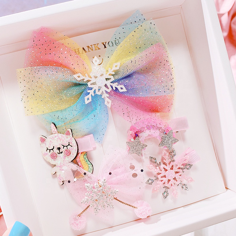 Cute pink Department Korean lovely princess Children's hair gift set mesh snowflake bow flash powder hairpin hairpin set