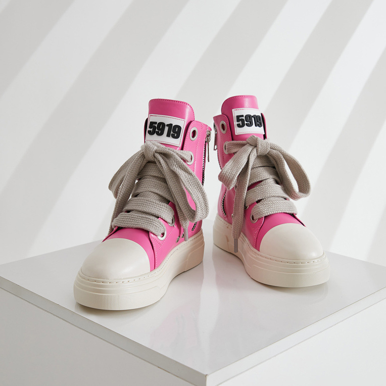 New Arrivals PU Shoes Luxury Trainers Ankle Lace up Women Sneaker Zip up High TOP Streetwear Flats Black Sneakers Boots