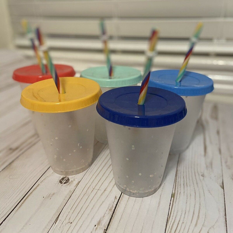 Transparent white reusable 16oz and 24oz cold color-changing confetti cups travel coffee cups with lids and straws