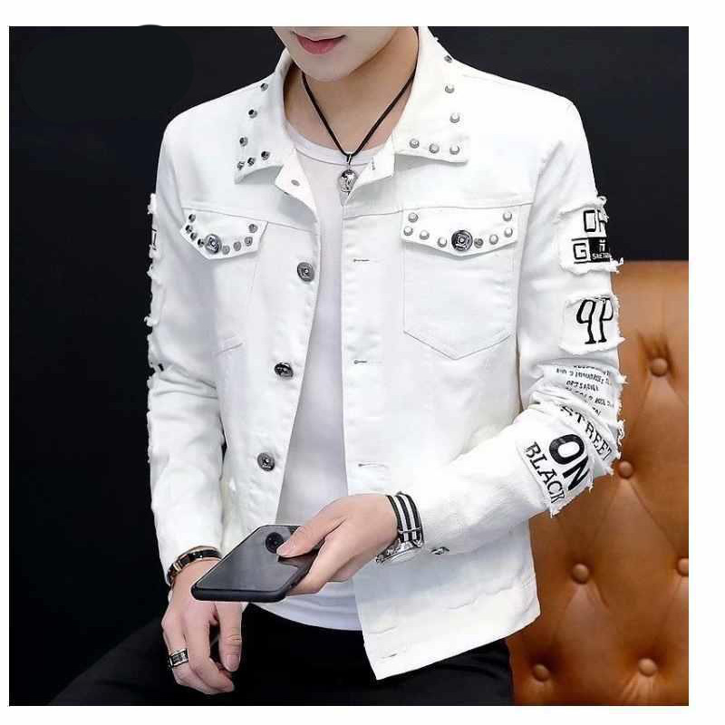 New Men Fashion hip hop rivet jeans jacket male Slim Cotton printed Streetwear Casual denim Trousers coat
