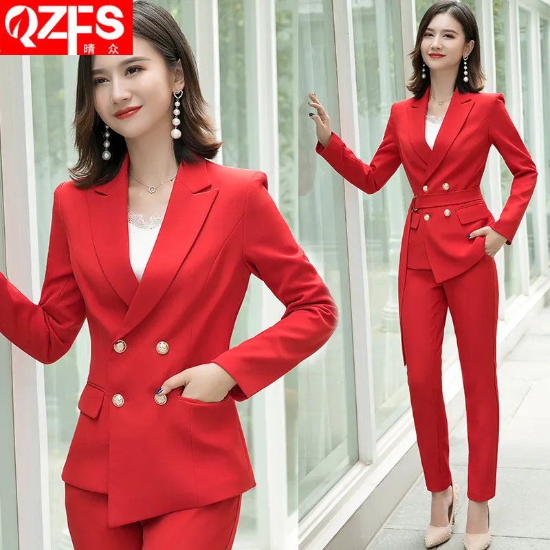 Ladies Business Formal 2 Pieces Set Red Black Double Breasted Women Blazer And Pant Suit With Sashes For Autumn Manufacturer