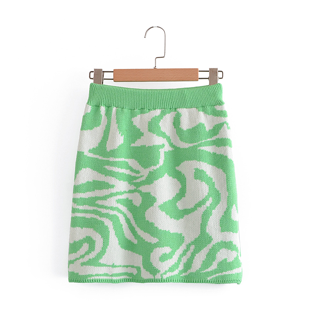 Hot sale green and white color elastic waist women fashion beautiful knit mini skirt