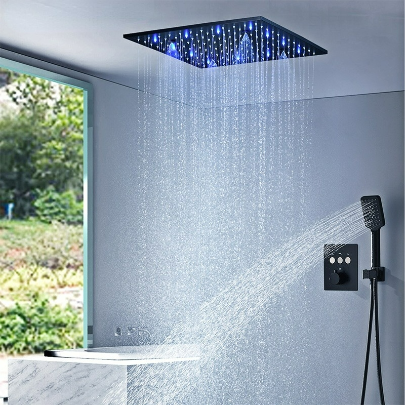 Wholesale Newly Black Thermostat Shower System Button Shower Faucets Three Way Out of the Water Brass Large Shower Set