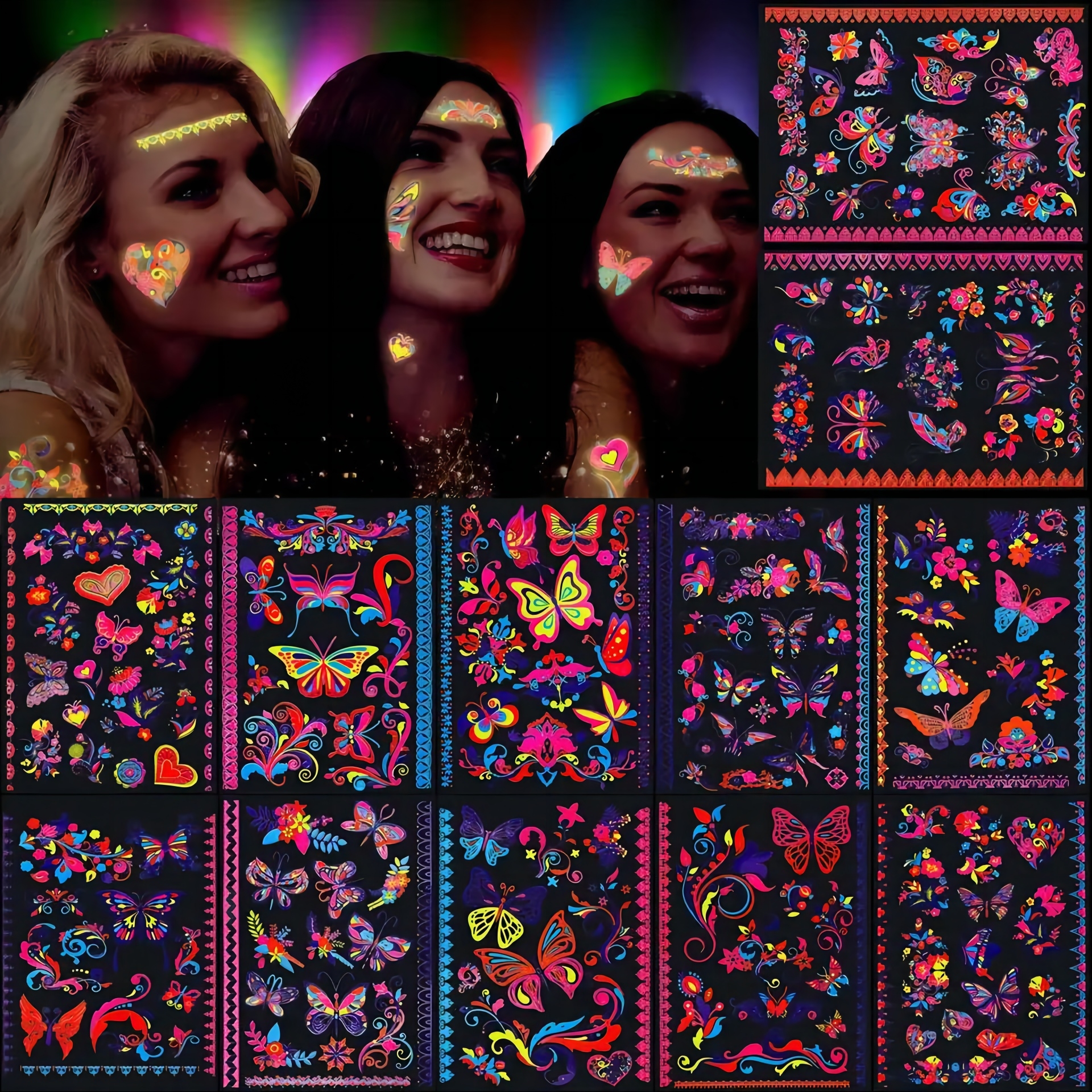 Glows under UV light temporary body tattoo stickers UV neon body face waterproof tattoo stickers for women