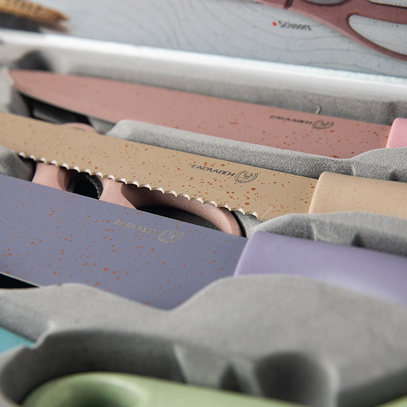 Macarons Colors Non-stick Knifves set of 6pcs Kitchen Chef's Knife Cleaver Bread Knife Paring Peeler Shears Scissors Clipers