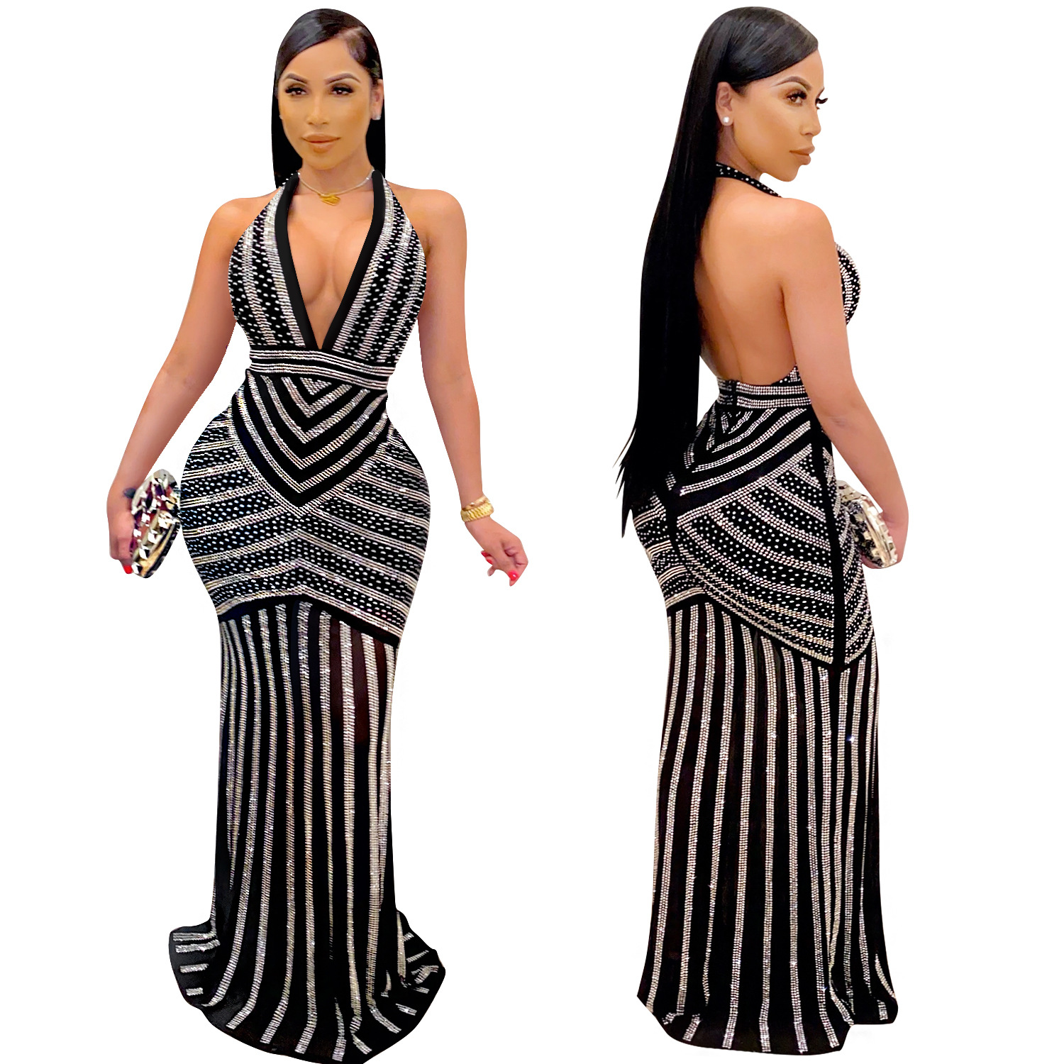 European and American women fashion sexy V-neck halter maxi evening dress
