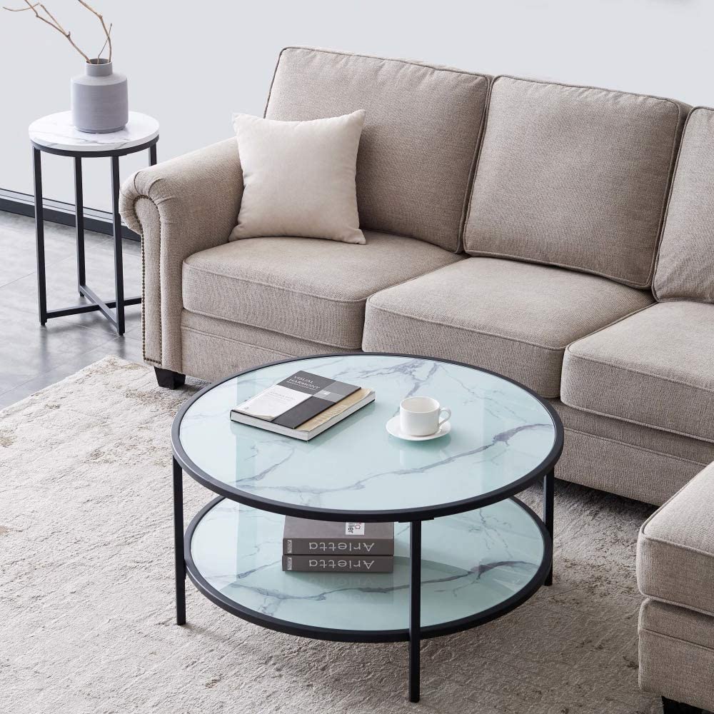 Actaday Round Large Storage Space Glass Coffee Table with Metal Frame, for Office Living Room, Dining Room