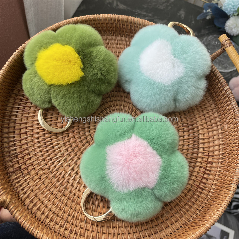 Cute Handmade Flower Shaped Real Rex Rabbit Fur Car Keychain High Quality Bag Charm