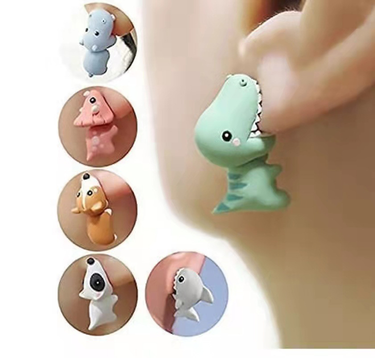 Cute New Design 3D Dinosaur Shark Bite You Earrings Cartoon Color Corgi Mini Animal Earrings Girl