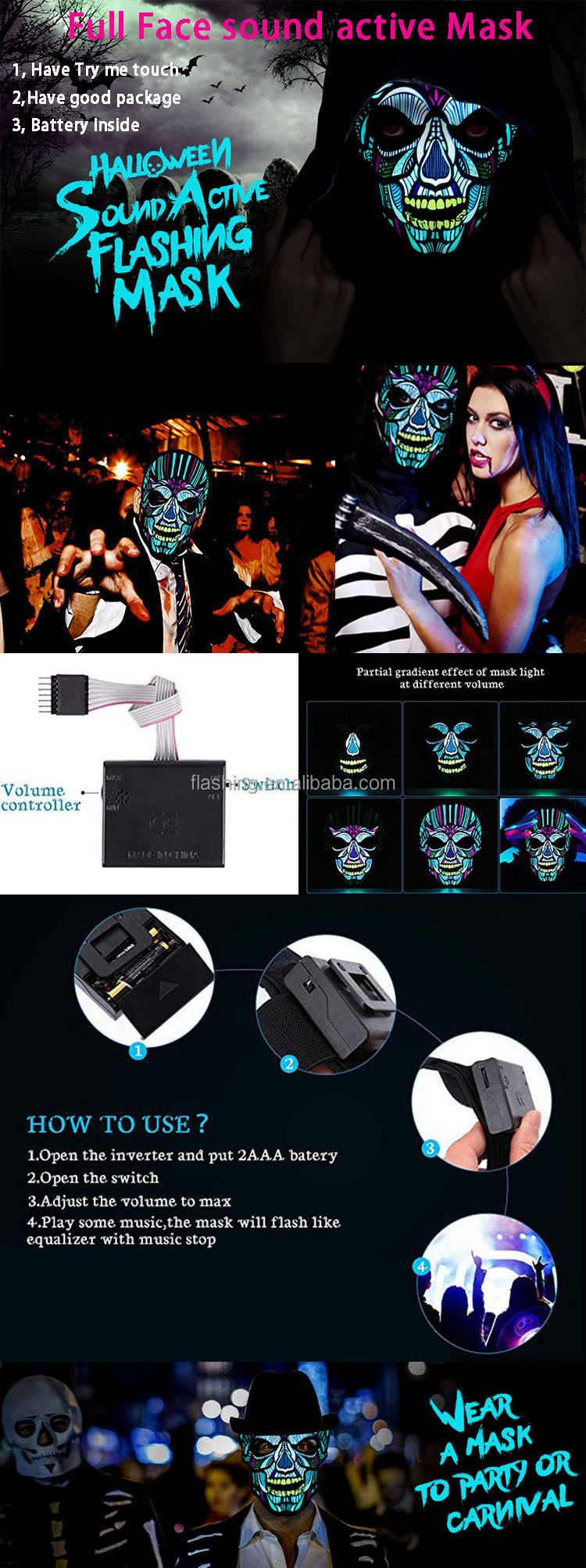 High quality Halloween Party Cosplay Props LED Light up Rave Mask Flashing Sound Activated EL Panel mask for DJ,Club,Halloween