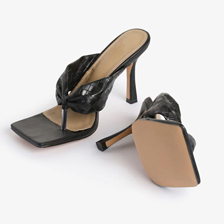 China Wholesale Faux Pu Square Bling Plaid Open Toe Elegant Flip Flop Slingback Ladies Slippers And Sandal Heels