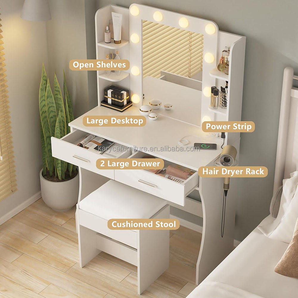 Customized Adjustable Power Strip White Vanity Desk Makeup Vanity Dressing Table with 2 Large Drawers