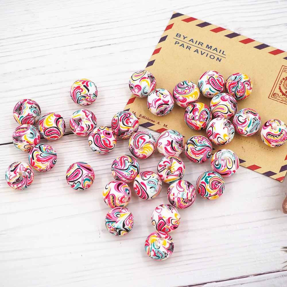 Promotional 12mm Leopard Print Eco friendly BPA Free Chewable Teether Beads DIY Necklace Silicone Print Bead