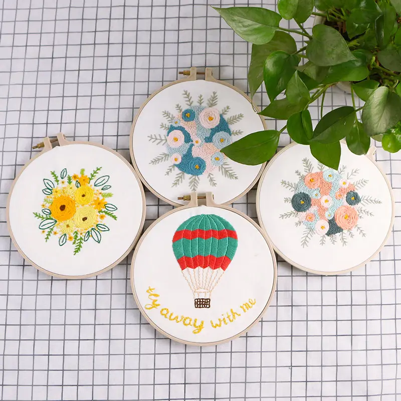 Flower Pattern DIY Embroidery Kits with Hoops DIY Handmade Craft for Beginner Printed Needlework Sewing Art Wedding Gift