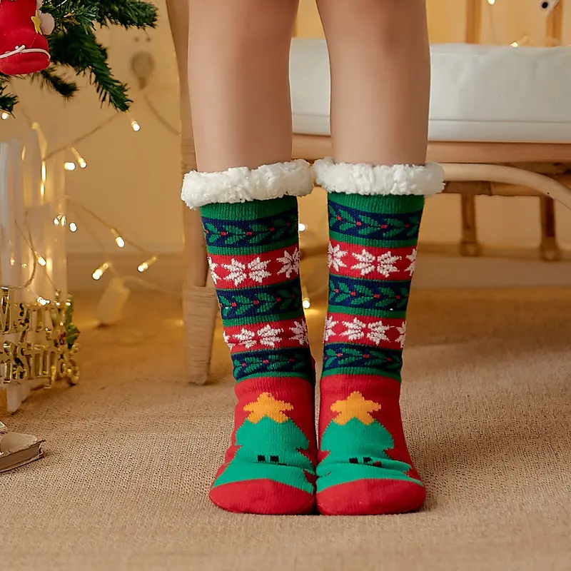 Fashion Women Fluffy Thickened Warm Christmas Tree Socks Thermal Chenille Yarns Tube Floor Socks Adult Christmas Santa Elk Socks