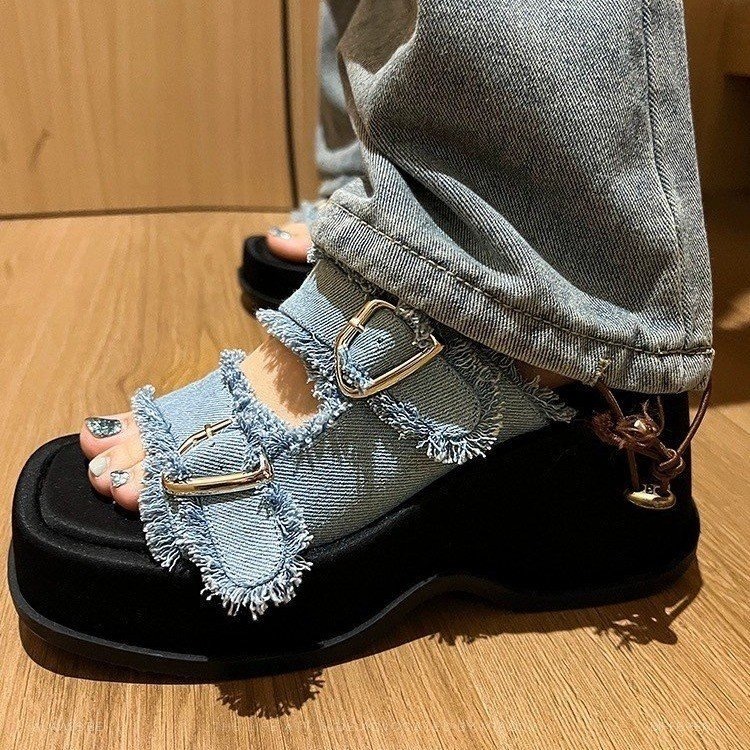 Square Toe Thick Bottom Metal Buckle Shoes Cowboy Height Increasing Slippers Comfortable Non-slip Soft Bottom Casual Shoes