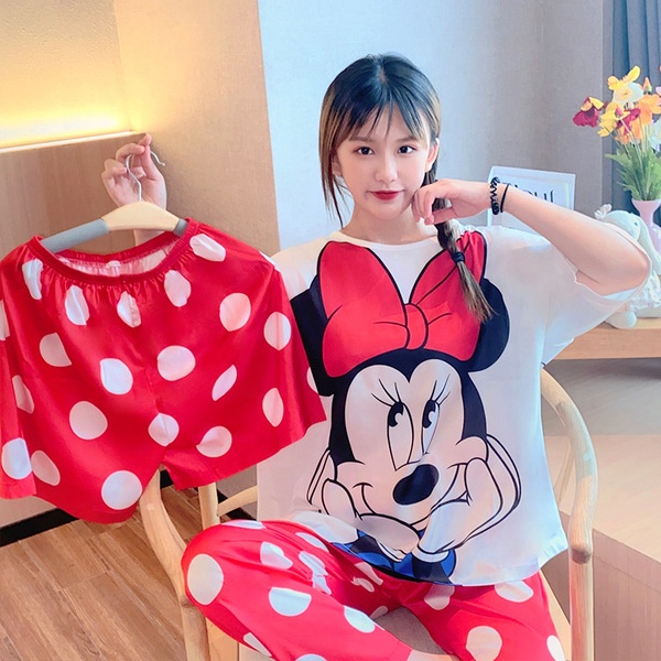 Women's Cartoon Print Short Sleeve Top with Long Pants shorts Three Piece Pajama Sets Dropshipping
