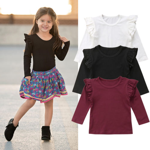Baby Girl Toddler Kids Ruffle Long Sleeve Tops Tee Shirt Clothes Solid Color T-shirt Kids Clothing Baby Clothes Supplier
