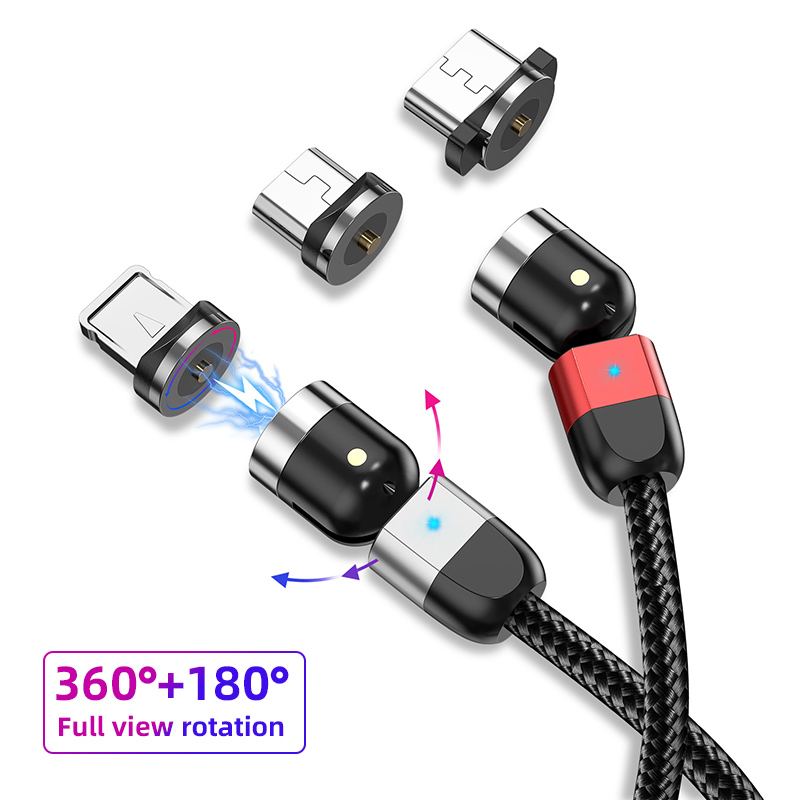 Новый продукт USLION 1 м 540 градусов гибкий прямой изгиб 3 в 1 для Micro USB C светодиодный нейлоновый Плетеный Магнитный зарядный USB-кабель