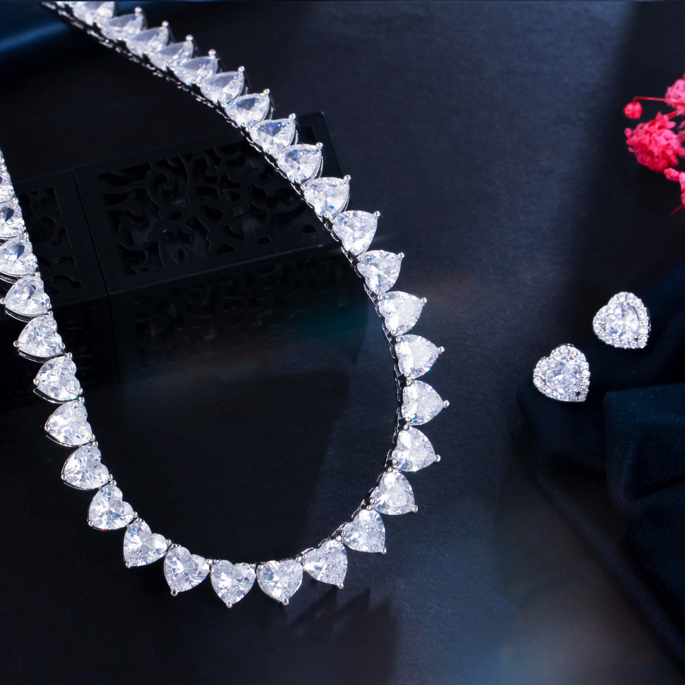 Sparkling Clear White Cubic Zirconia Love Heart Shape Choker Necklace Earrings Engagement Bridal Party Jewelry Set for Women