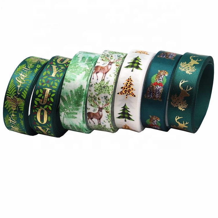 christmas natural animals and plants christmas tree printed woven edge ribbon set for holiday decoration