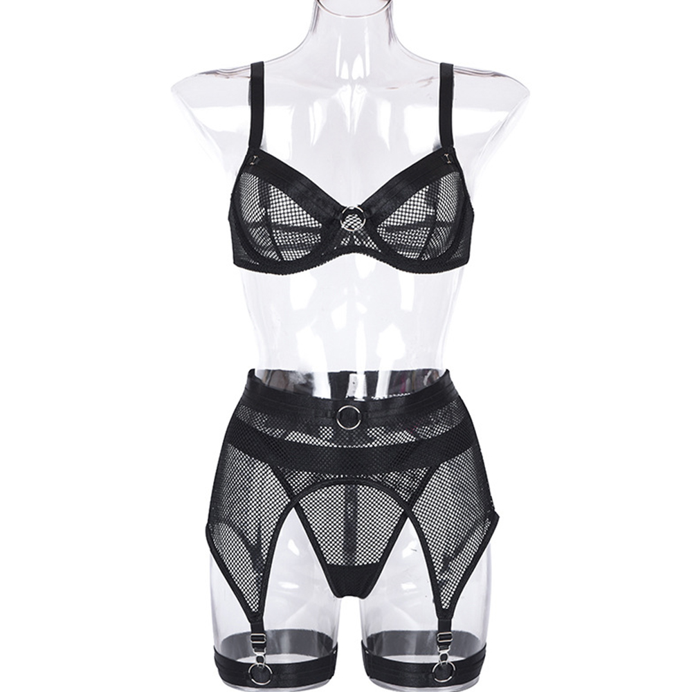 Women Sexy Lingerie Set Perspective Black Lace Bra Hollow Out Thong Garter Set Sexy Women Underwear Sex Product