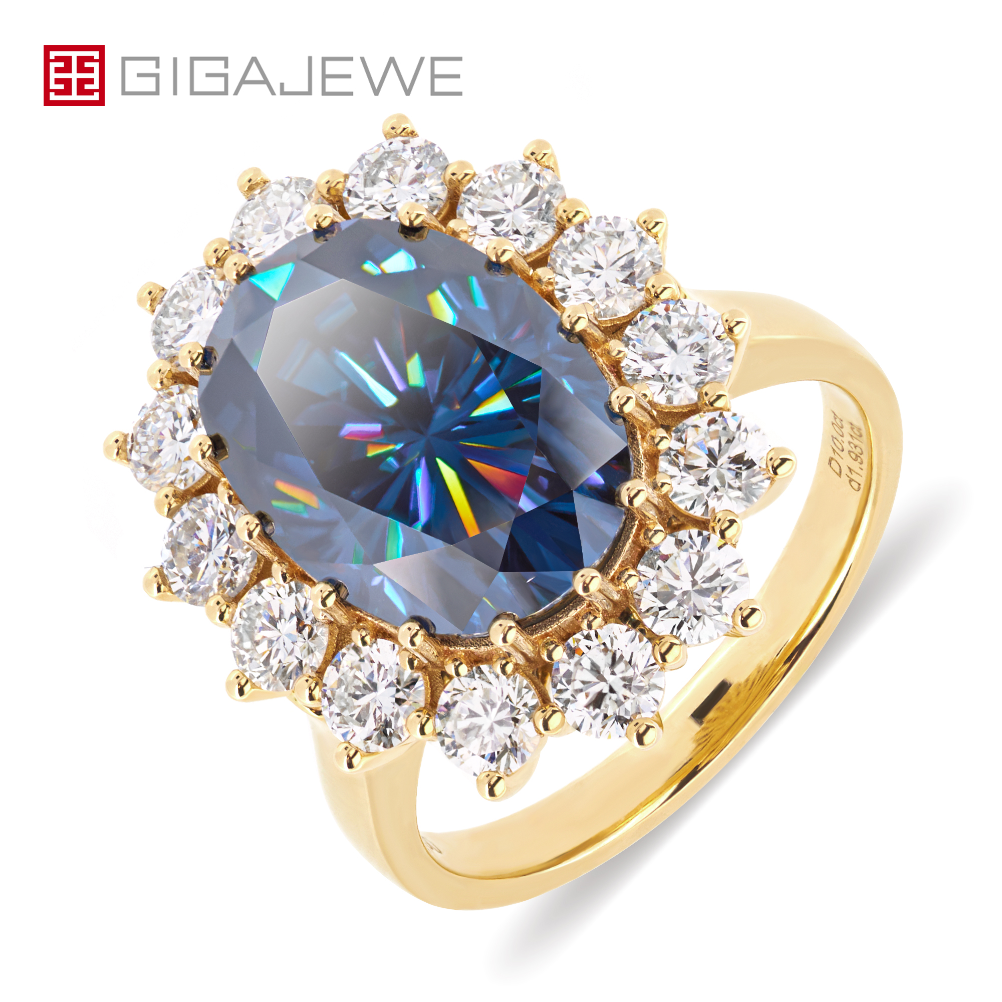 GIGAJEWE 9.6CT 10X14mm Oval Cut 9K/14K/18k Yellow Gold Ring Blue Color Moissanite Ring, Engagement Ring, Women Gift