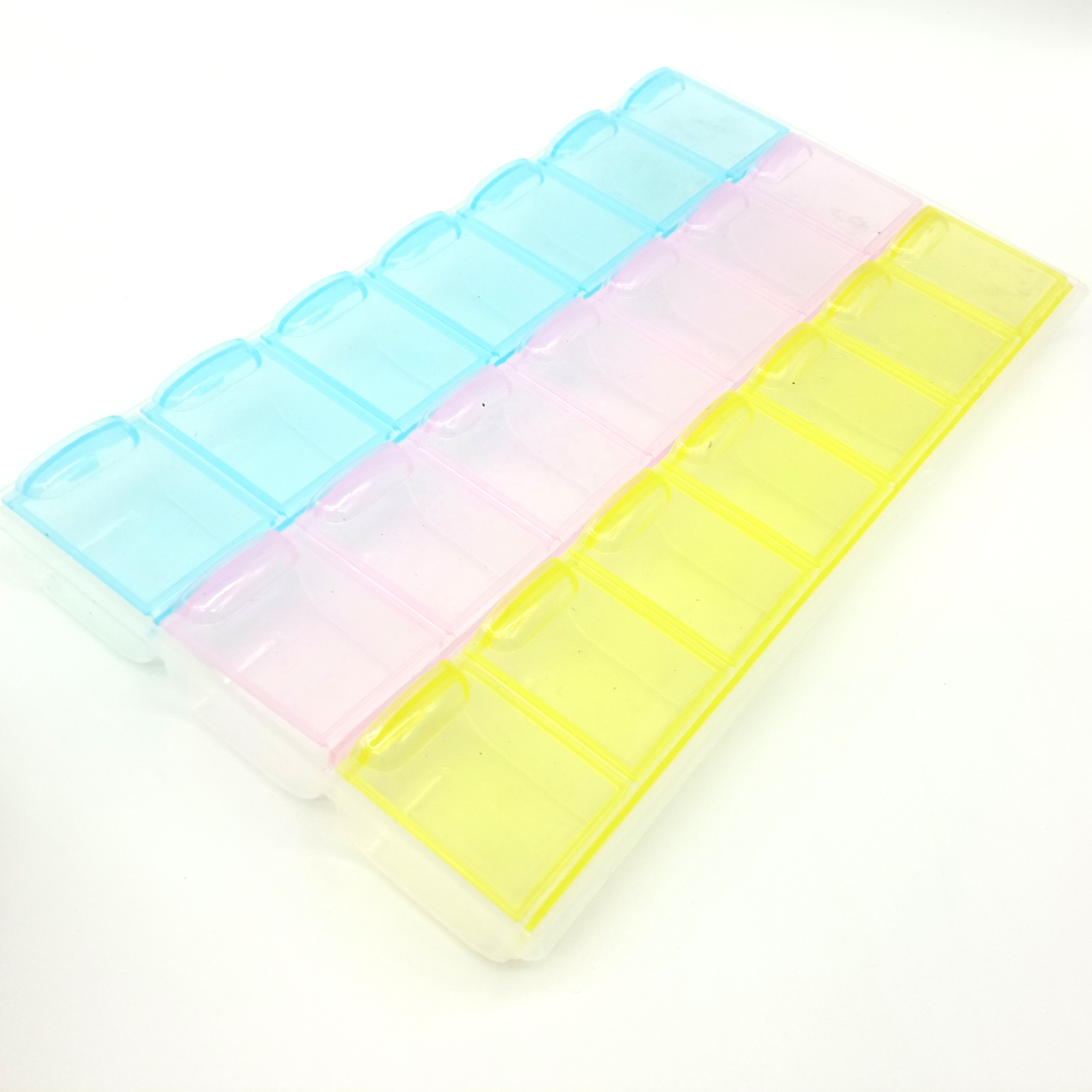 Rainbow color 7-day/week pill Packing Container 21 moisture-proof sealed plastic pill containers