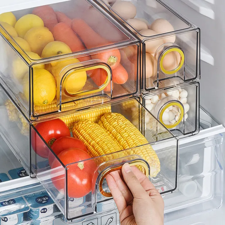 Plastic Stackable Kitchen Pantry Cabinet Clear Refrigerator Storage Bin With Pull-Out Drawer