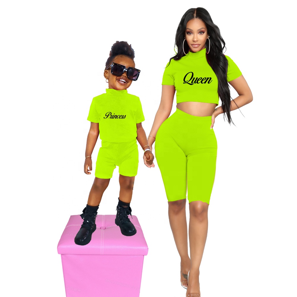 Neon Orange Fluorescent Green Boutique Parent-child Outfits Printed Shorts Set Short Sleeves Mommy and Me Clothing Set 2 Pieces