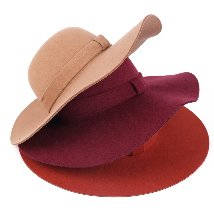 Custom Logo Stylish Plain Wide Brim Women Fedora Hats With Ribbon