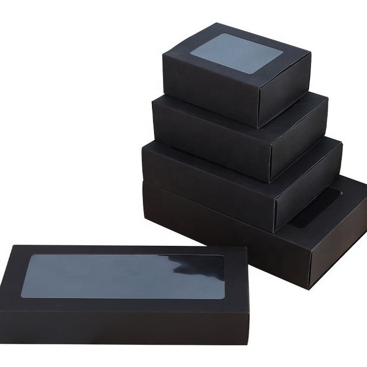 Black Gift Box Window Opening Transparent Vintage Kraft Paper Box with Hand Gift Premium Gift Packaging Box