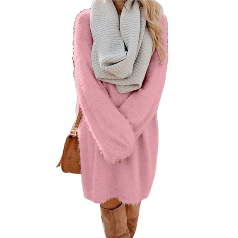 CL-0910 Wholesales New Arrival High Quality Casual Mid-length Long Sleeved Round Neck Loose Winter Plush Sweater Dresses Women