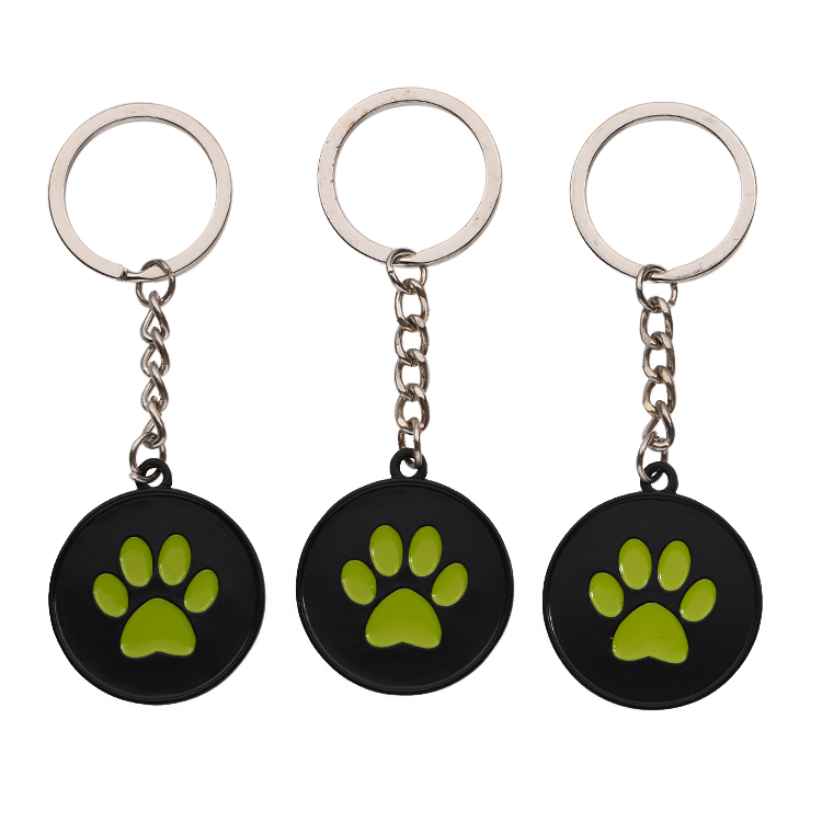 Popular dog paw shape custom enamel black round metal blank keychain